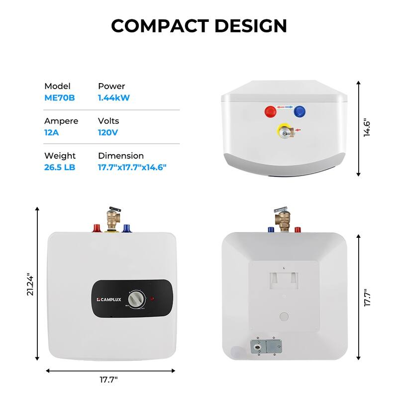 CAMPLUX 6.5 Gallons 1.44kW Mini Tank Electric Water Heater with Cord Plug, White