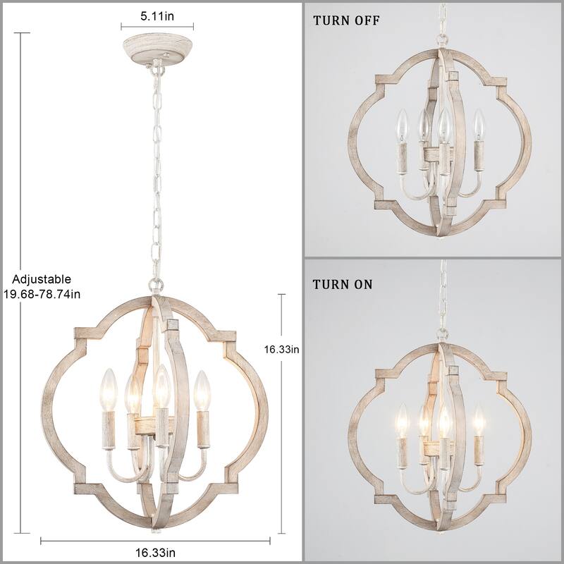 4-Light 16.33"W Wooden Lantern Rustic Chandeliers for Dining Room Kitchen