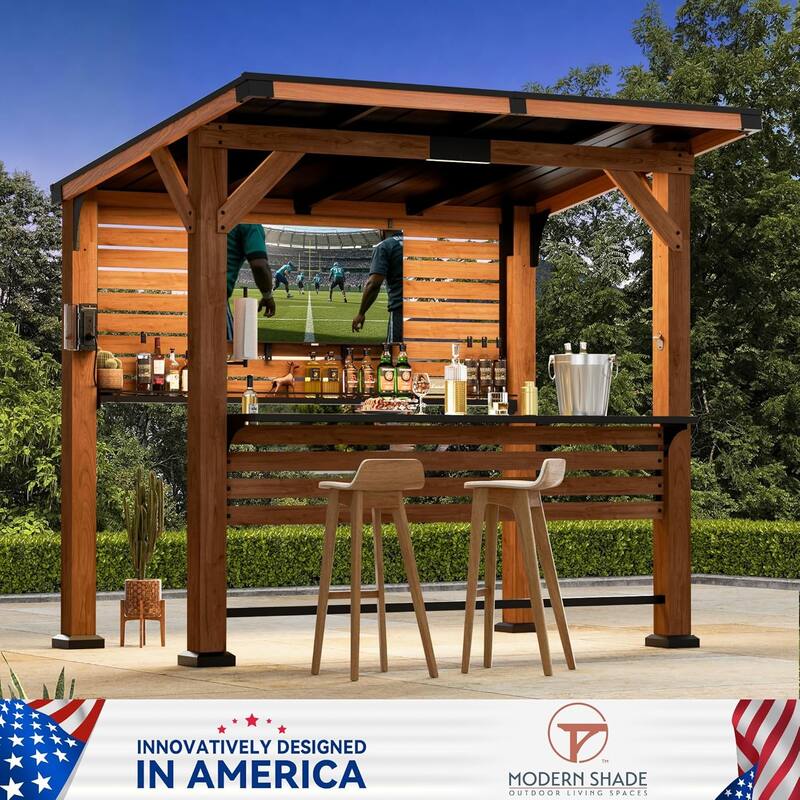 The Aura Cedar Wood Entertainment Bar Center, Wood Gazebo Grill Pavilion with Shelves & Paper Towel Holder