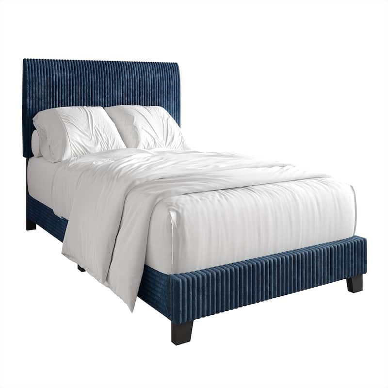 CraftPorch Corduroy 4-pieces Mid-Century Modern Navy Blue Bed with Light Grey Furniture Bedroom Set