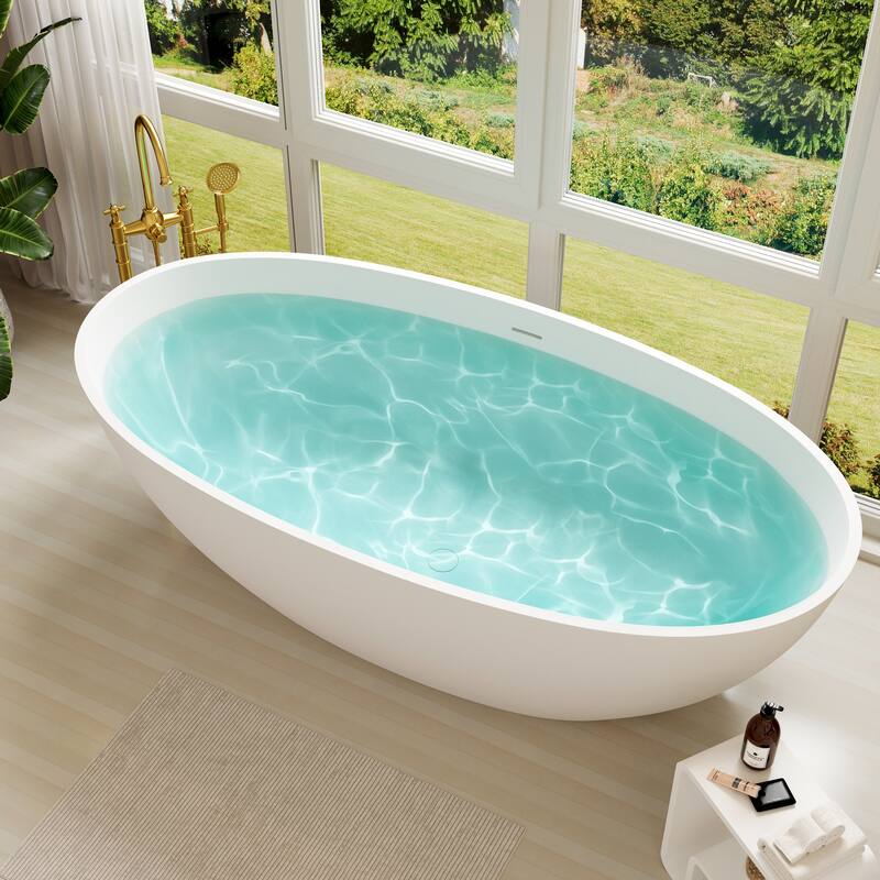 71 in. Freestanding Solid Surface Bathtub in Matte White, Luxury Deep Soaking Tub with Center Drain