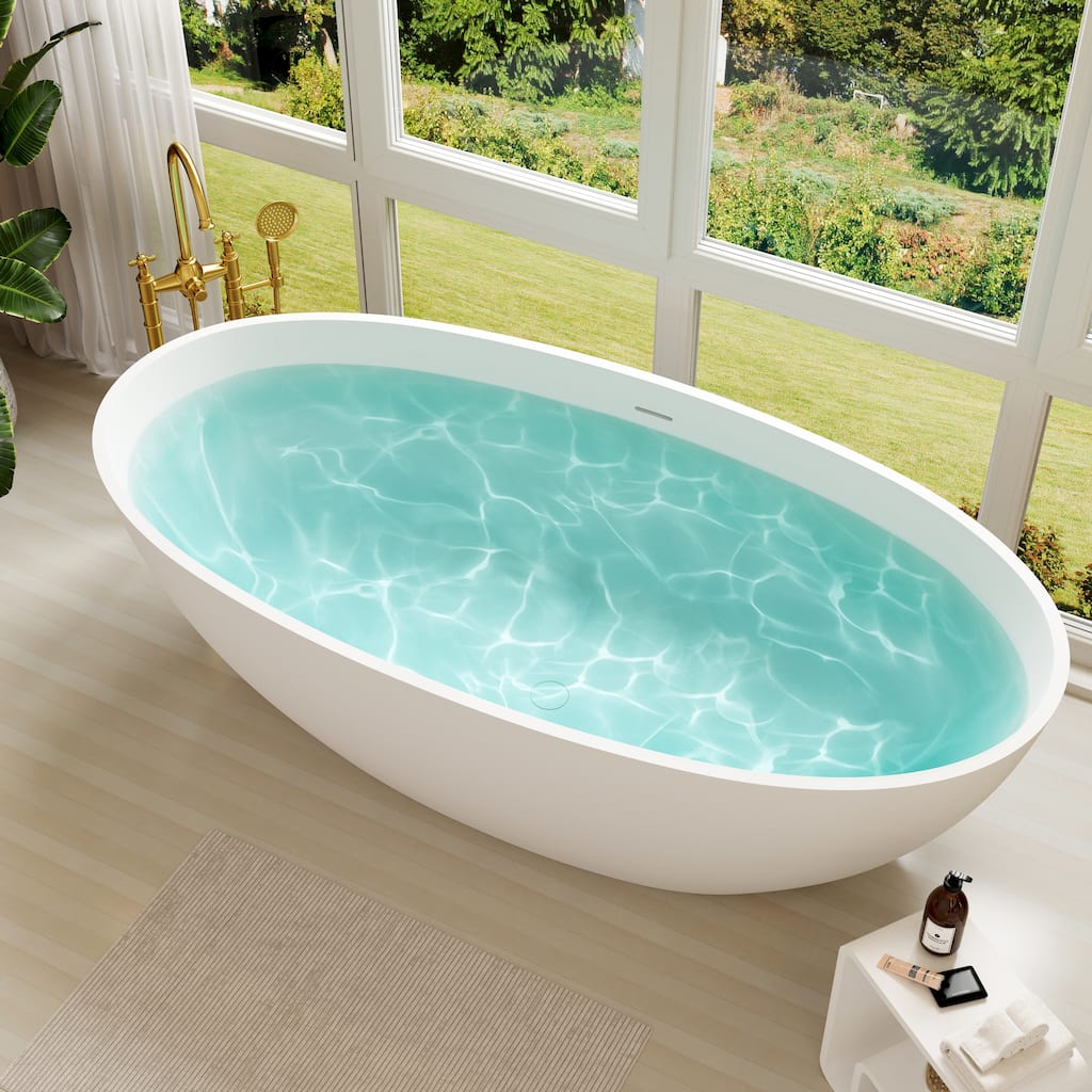 71 in. Freestanding Solid Surface Bathtub in Matte White, Luxury Deep Soaking Tub with Center Drain