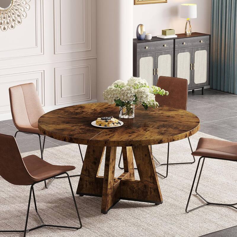 47" Round Wood Dining Table 4-Seater Farmhouse with Wooden Tabletop Cross Base for Dining Room/Kitchen