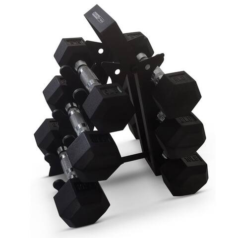 HolaHatha Hexagonal Dumbbell Free Hand Weight Set w/ Rack, 5, 8, & 10 Lbs, Black - 49.30