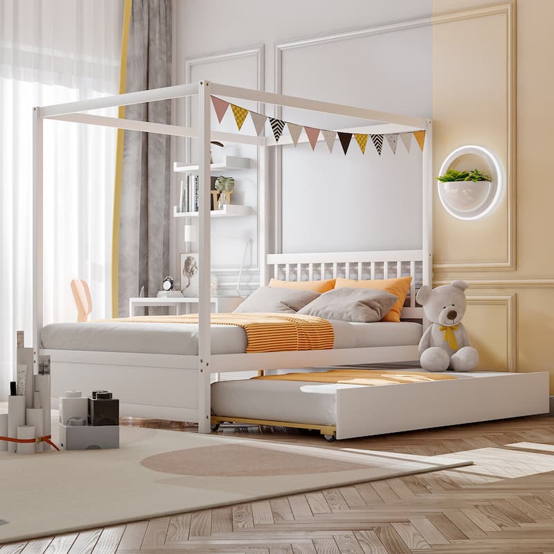 Gymax Full Size Canopy Bed with Trundle Wooden Platform Bed Frame