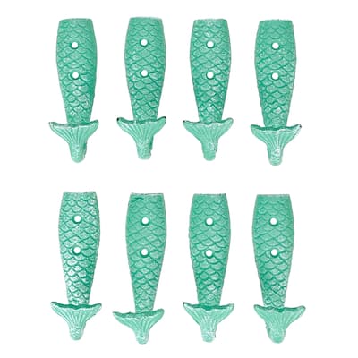 Set Of 8 Cast Iron Mermaid Tail Wall Hooks Green Nautical Coastal - 5 X 1.5 X 1.5 inches