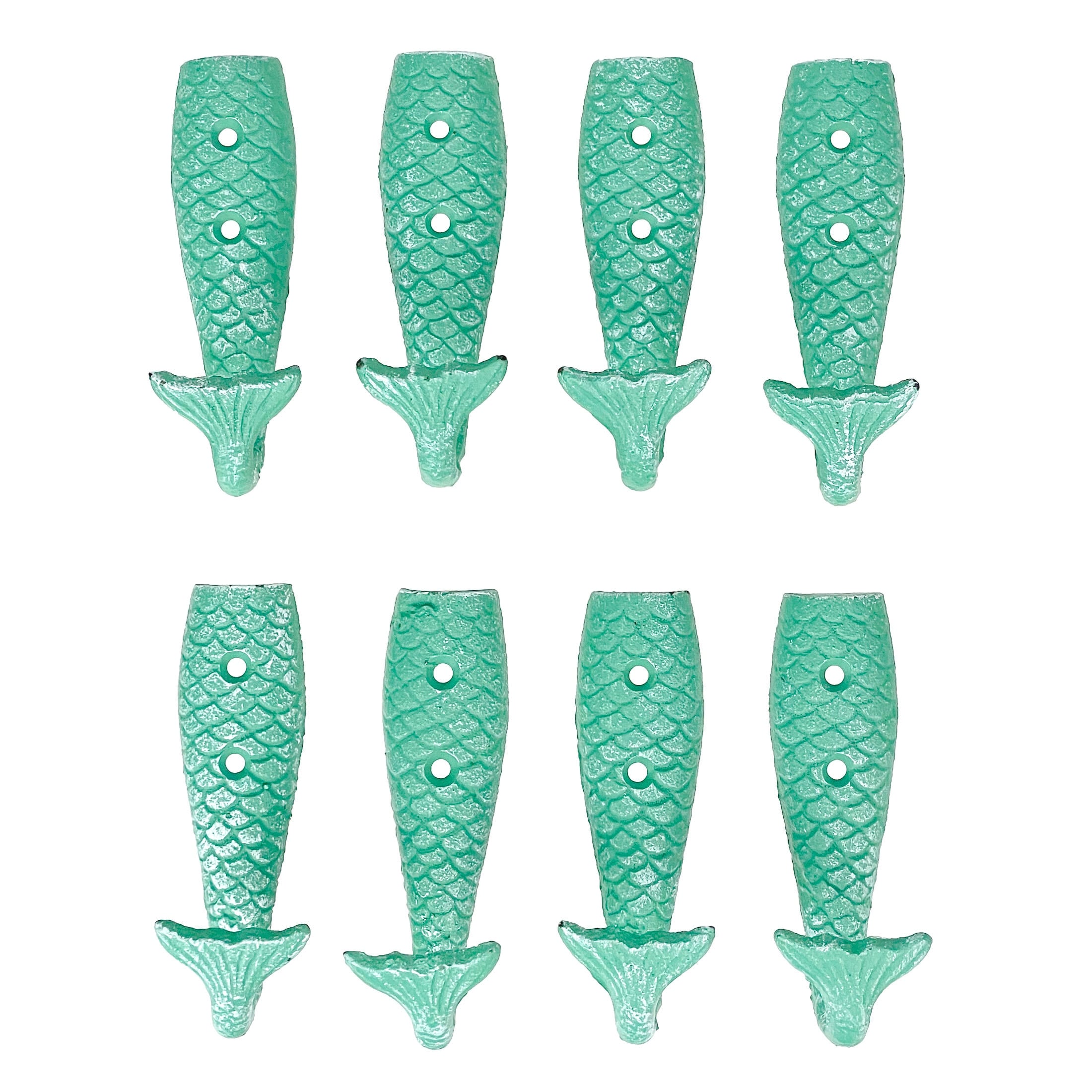 Set Of 8 Cast Iron Mermaid Tail Wall Hooks Green Nautical Coastal - 5 X 1.5 X 1.5 inches