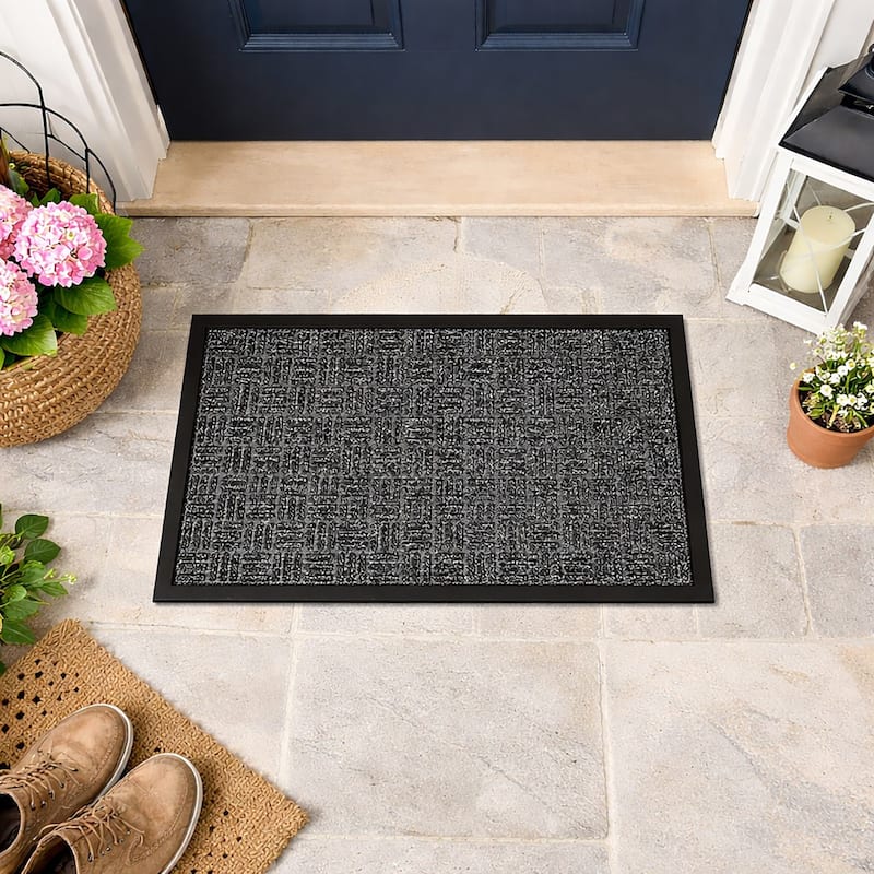 Outdoor Front Door Mat Checkerboard Yvan Polypropylene Rubber Rug Grey - 16 W x 24 L x 1/4 H