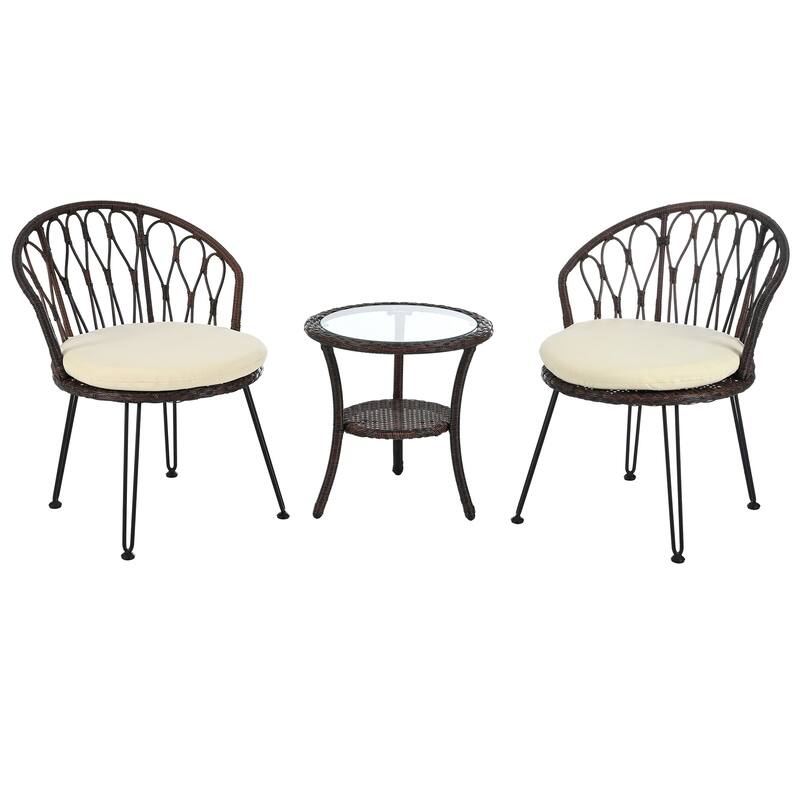 Outdoor Leisure Set, 2 Rattan Single Chairs with A Glass Round Table, Perfectly Suited for Patios, Balconies, and Courtyards