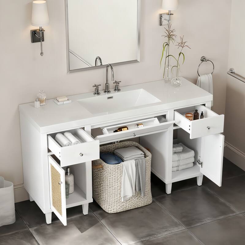 Christopher Knight Home - Aurelia Modern Solid Wood Legs Bathroom Vanity with Spacious Storage and Tip-Out Tray - White
