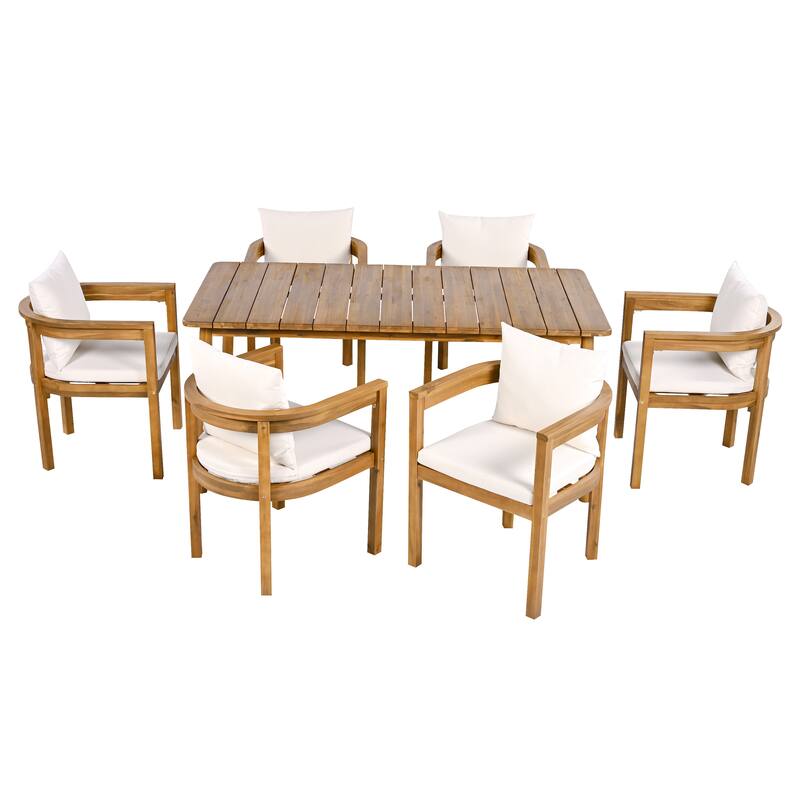 Roomfitters Outdoor Dining Set 7 Piece Solid Acacia Wood Slatted Table Cushioned Chairs, Teak Beige