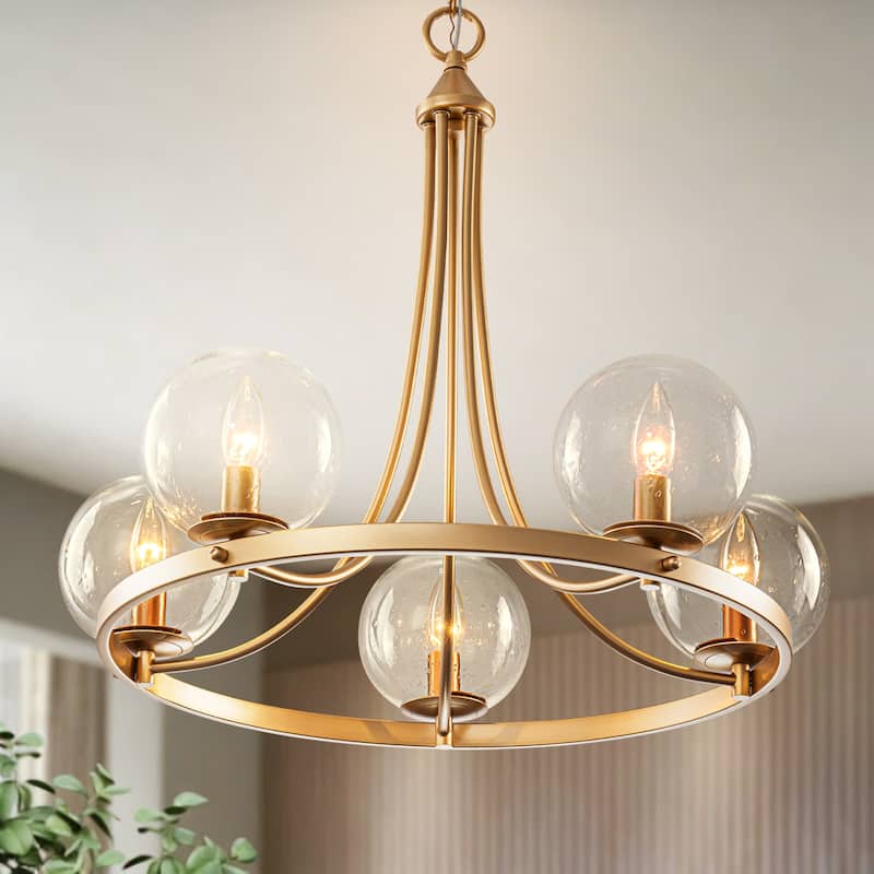 24.4" W 5-Light Mid-Century Modern Gold Wagon Wheel Ring Chandelier with Seeded Glass Globe Shades for Living & Dining Room