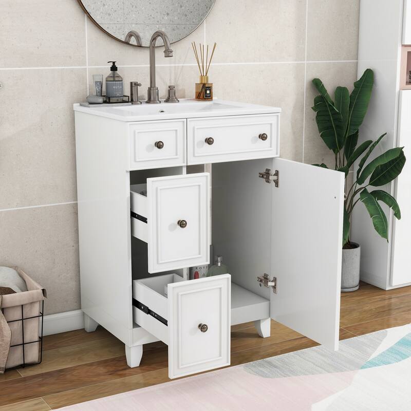 24" Bathroom Vanity Cabinet with Ceramic Sink, 2 Drawers & Door, White