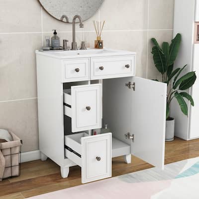 24 Inch Bathroom Vanity Cabinet with Ceramic Sink, 2 Drawers & Door, White Storage Cabinet Free-standing Single Sink Cabinet