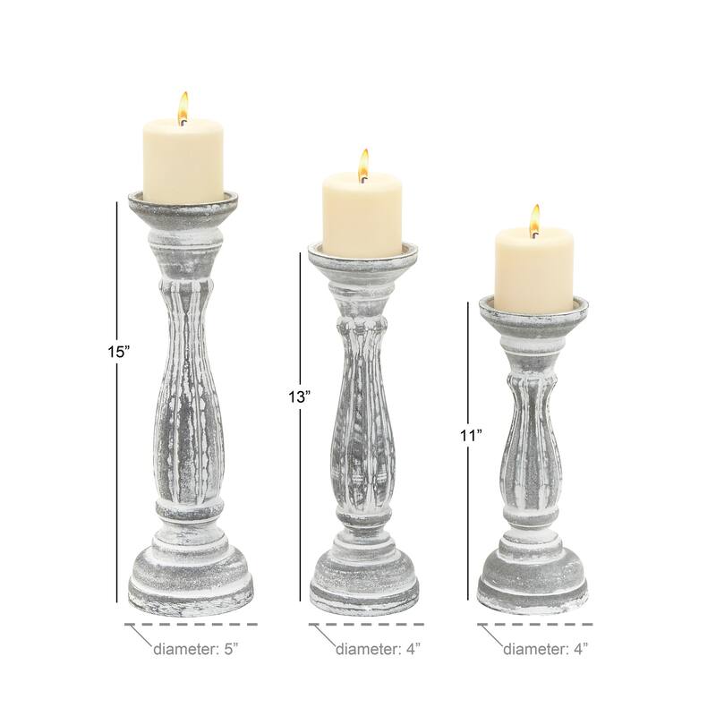 Wooden Distressed Turned Decorative Candle Holder - Set of 3 Gray, Brown, Blue, Green - Roche River Decor