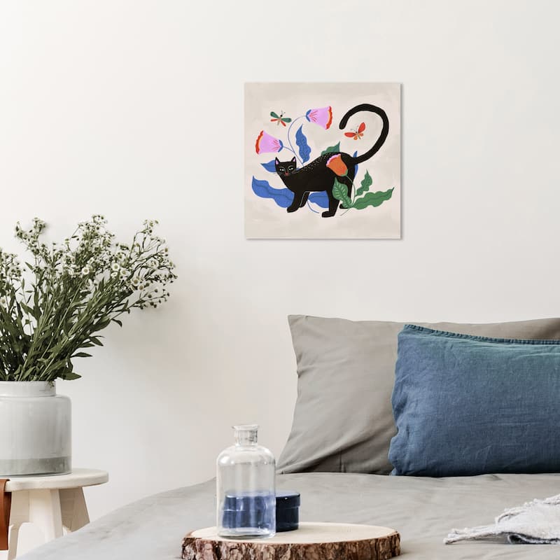 Wynwood Studio Canvas Animals Black Cat Floral Black and Bohemian & Eclectic Wall Art Canvas Print - Black, Blue - 12 x 12
