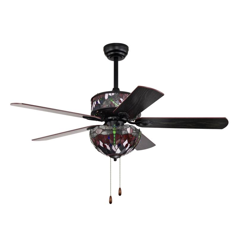 Jalev 6-Light Dragonfly Tiffany 5-Blade 52-Inch Matte Black Ceiling Fan