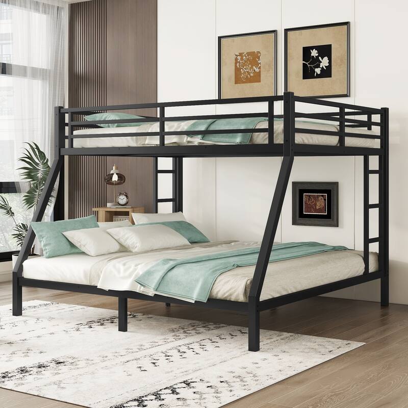 Metal Bunk Bed with Fence, Ladder, Space-Saving and Noise Reduced for Teens and Adults - Queen over King - Black