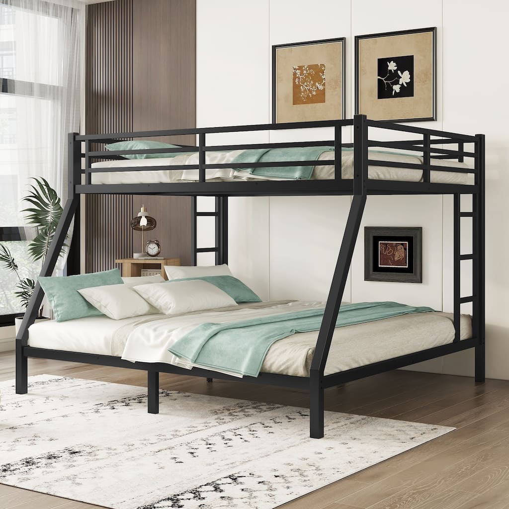Queen over King Size Metal Bunk Bed with Fence, Ladder, Space-Saving and Noise Reduced for Teens and Adults
