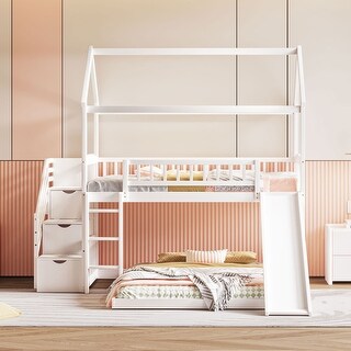 Twin Over Twin Bunk Bed with Two Drawers, Wooden Bed with Slide, House-shaped Bed with Storage Staircase for Bedroom, White