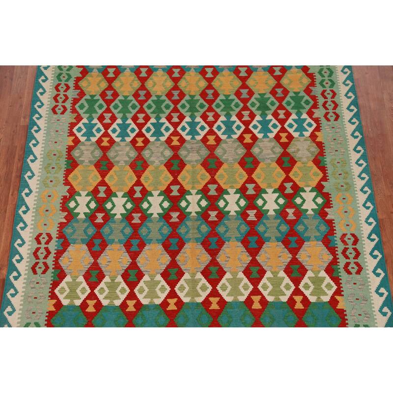 Hand Woven Oriental 100% Wool Carpet Southwestern All-Over Multi-Colored Kilim Area Rug - 8' 4'' X 6' 4''