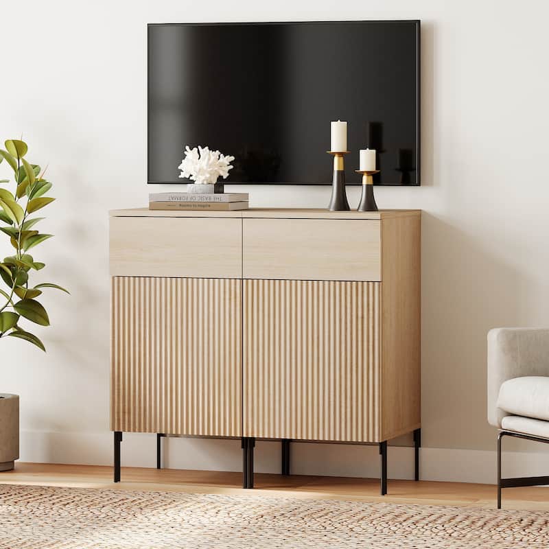 31.5" Modern Reeded TV Stand With Charging Station, Entertainment Center With Adjustable Shelves