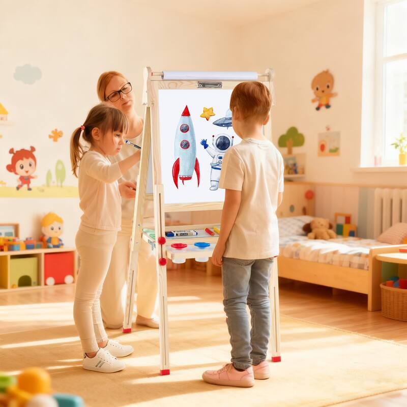 Gymax Wooden Art Easel for Kids 3 in 1 Height Adjustable Foldable