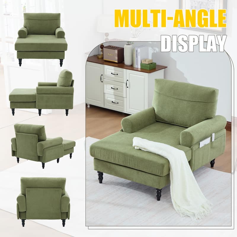 Modern Chaise Lounge Single Sofa Chair, Chenille Fabric Recliner Armchair with Side Pockets and Wooden Legs