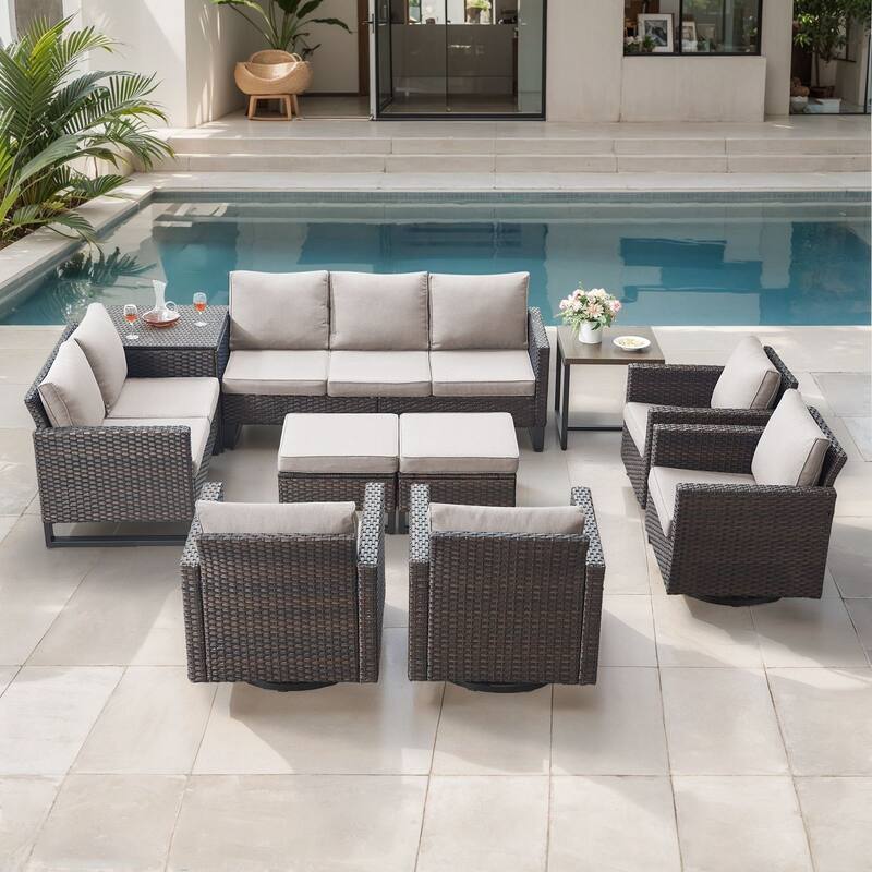Gymojoy 9 Person Outdoor Patio Wicker Family Conversation Set Group With Swivel Chairs And Storage - Brown Wicker / Beige Cusion - 10-Piece