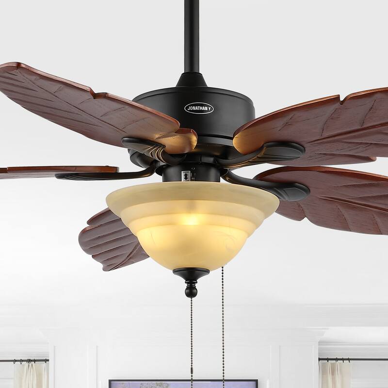 Owen 52" 3-Light Coastal Bohemian Iron/Wood Palm Leaf LED Ceiling Fan with Pull Chain, by JONATHAN Y - Dark Brown