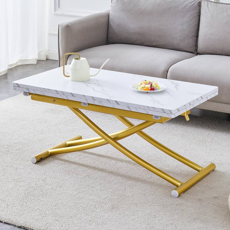 Modern Lift Table With 0.8-Inch Wood-Textured MDF Top & Black Metal Legs; Functions As Dressing, Coffee, Dining, Or Office Desk. - White+Gold