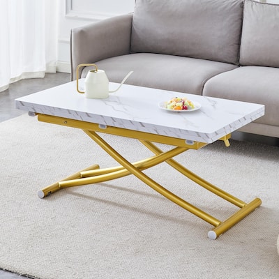 Modern minimalist multifunctional lift table with 0.8 inch thick MDF desktop and golden metal legs,coffee table