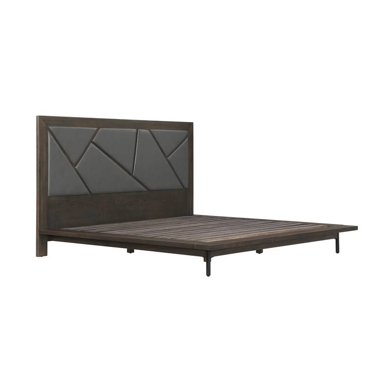 King Size Platform Bed Frame - Oak Wood & Faux Leather Headboard - Modern Bed