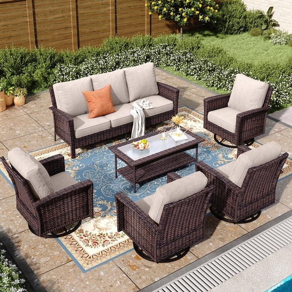 slide 2 of 101, MAISON ARTS Extra-Large Patio Wicker Sofa Conversation Set with Coffee Table, Oversize Seat with 5.5'' Thick Padded Cushion 7 Seats + 47'' Table - Beige