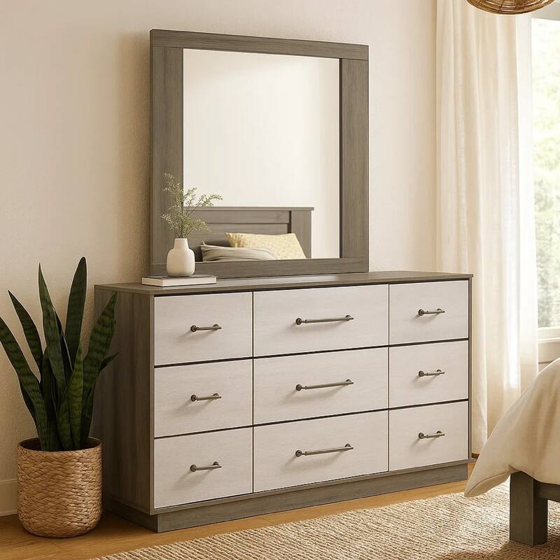 Fene Wide Dresser with Rectangle Mirror, 9 Drawers, Gray-Almond Wood