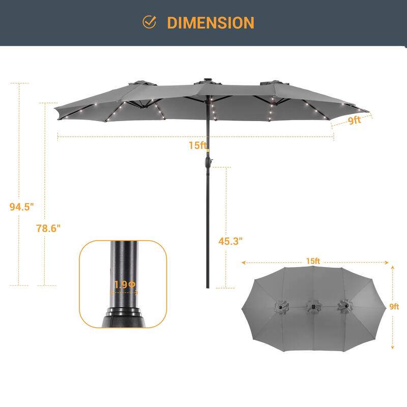 Livoosun 15×9FT LED Double-sided Patio Umbrella with BASE UPF50+ and Handle, and Wind-Resistant Design