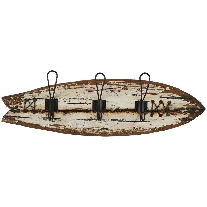 Brown Wood Handmade Distressed 4 Hanger Wall Hook with White Whales and Hanging Rope