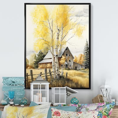 Designart "Yellow Barn In Spring V" Farmhouse / Country Framed Canvas Art Print