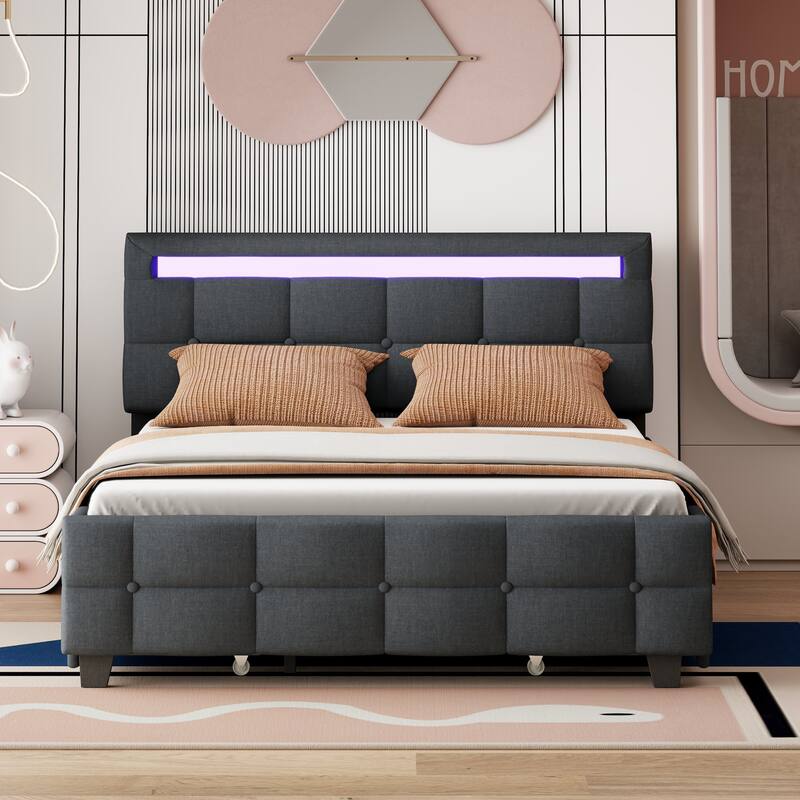 Linen Upholstered Platform Bed Frame with LED Light Headboard & 2 Drawers