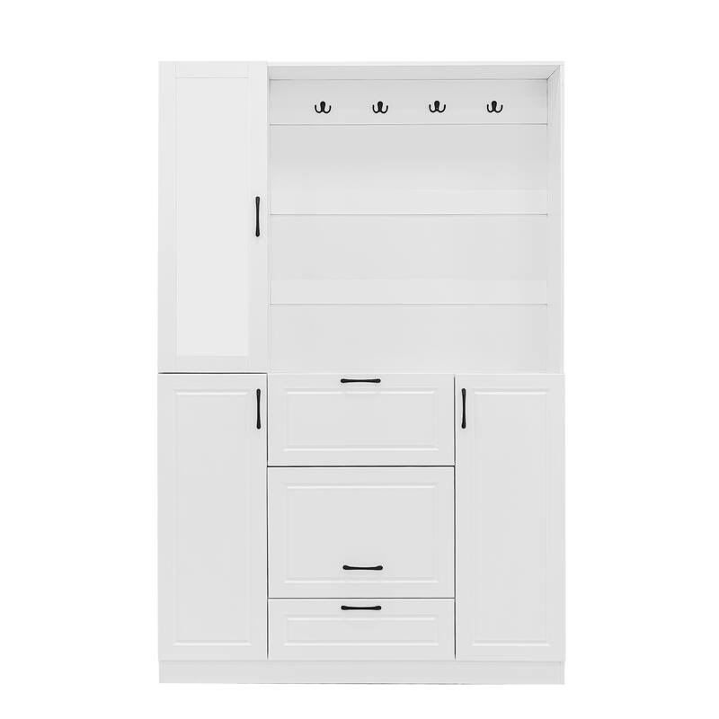 51.1'' Entryway Bench with Integrated Shoe Cabinet,Mirrored Cabinet Door,4 Sturdy Hooks and Foldable Seat