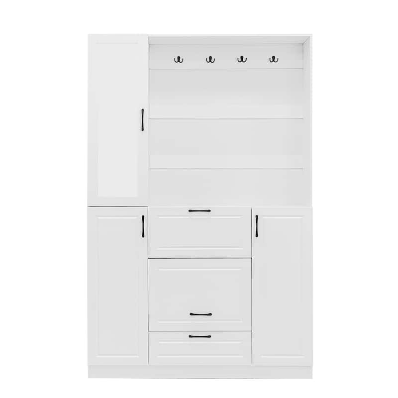 Roomfitters Entryway Bench with Shoe Cabinet and Mirror Door, Foldable Seat and 4 Hooks, White