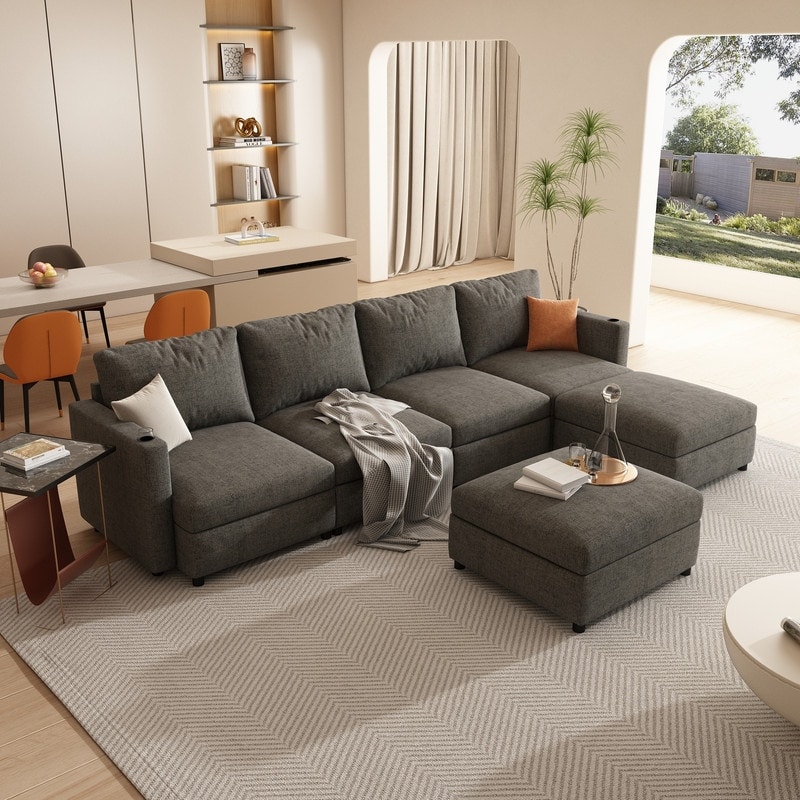 Modern U-Shape 6-Seater Sectional Sofa Bed with Storage Ottomans, Chenille Fabric