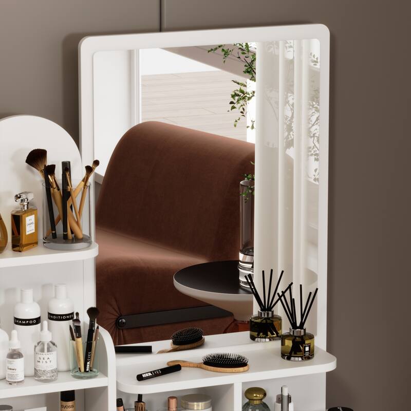 Timechee 31.5'' Wide Makeup Vanity Set with Stool and Mirror(White)