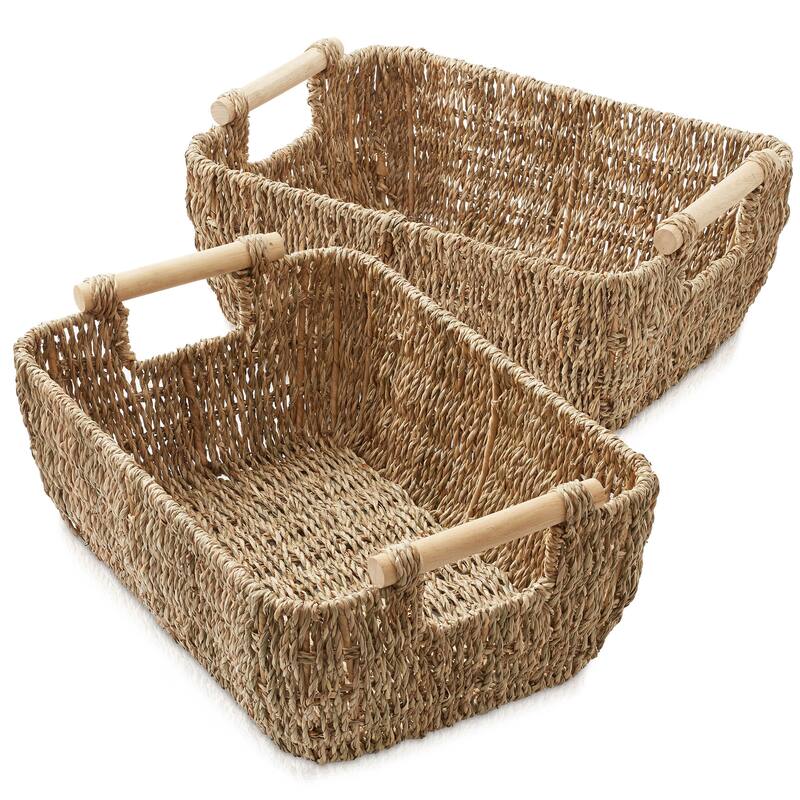 Hyacinth Seagrass Oval Storage Baskets with Wooden Handles Woven Bins