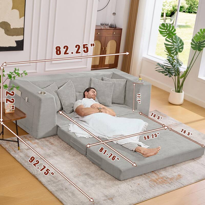 2 in 1 Convertible Sofa Bed, Sleeper Sofa with Storage Pockets, Pull Out Loveseat Couch with Two Cup Holders
