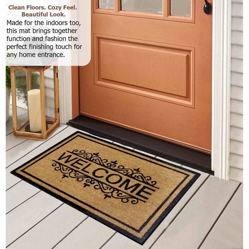 Gardenised Heavy Duty Coco Coir Doormat Non Slip PVC Baking Embossed Welcome Design Natural Coconut Fiber Floor Mat 18x30"