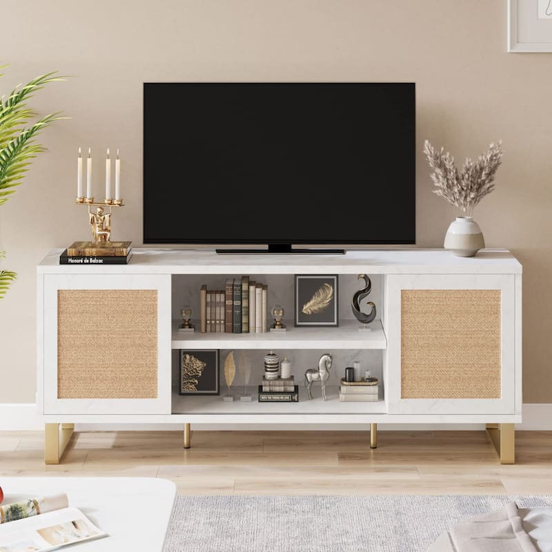 TV Stand for 65 Inch TV, Rattan Entertainment Center Modern TV Console Table White TV Stand with Storage, Doors and Shelves - White