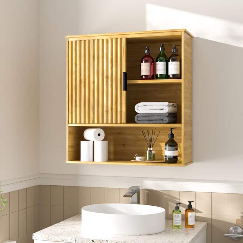VEIKOUS Bamboo Wall Mounted Cabinet, Over Toilet Bathroom Organizer with Sliding Doors