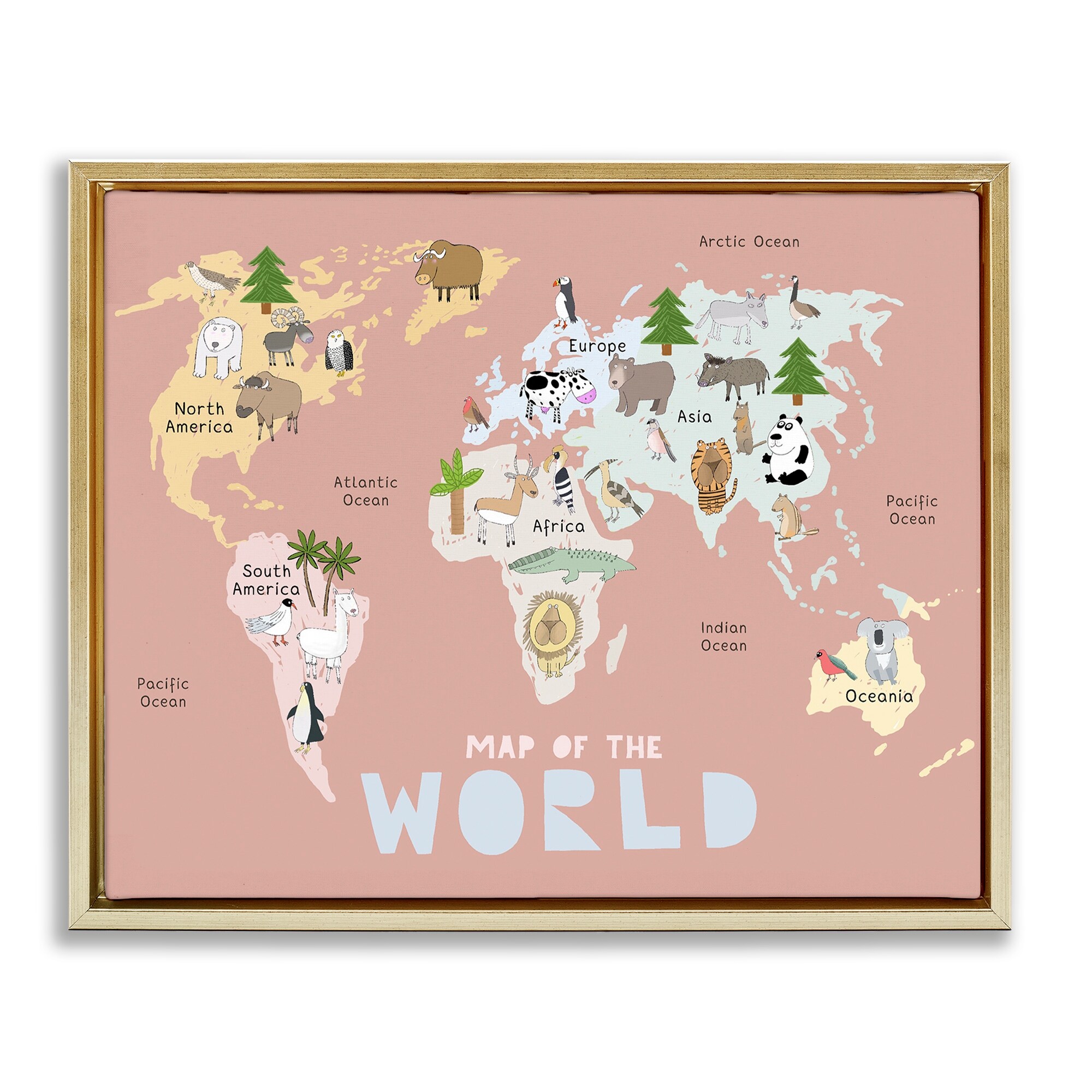 Stupell Kid's Map Of World Pink Framed Floater Canvas Wall Art Design By Carla Daly