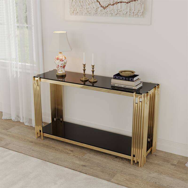 Modern Glass Console Table, 55" Gold Sofa Table w/ Sturdy Metal Frame